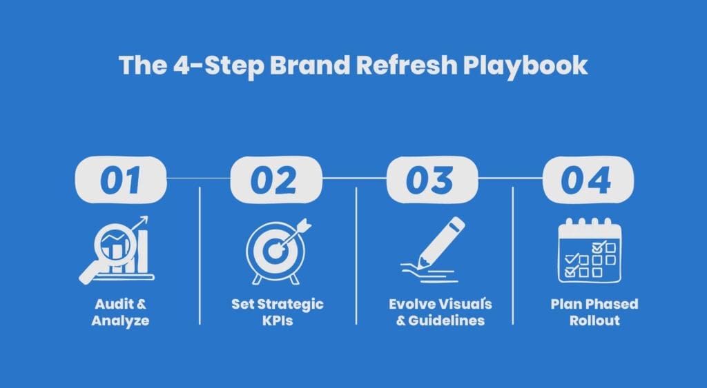 An infographic outlining the 4-step brand refresh playbook: Audit & Analyze, Set Strategic KPIs, Evolve Visuals & Guidelines, and Plan Phased Rollout.